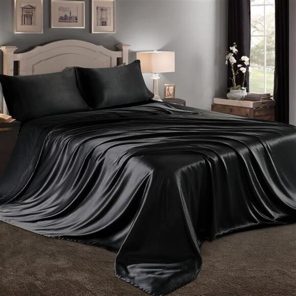 3 Piece Black Satin Sheets Twin Size Satin Bed Sheets Set Silky Satin Sheet - Picture 1 of 8